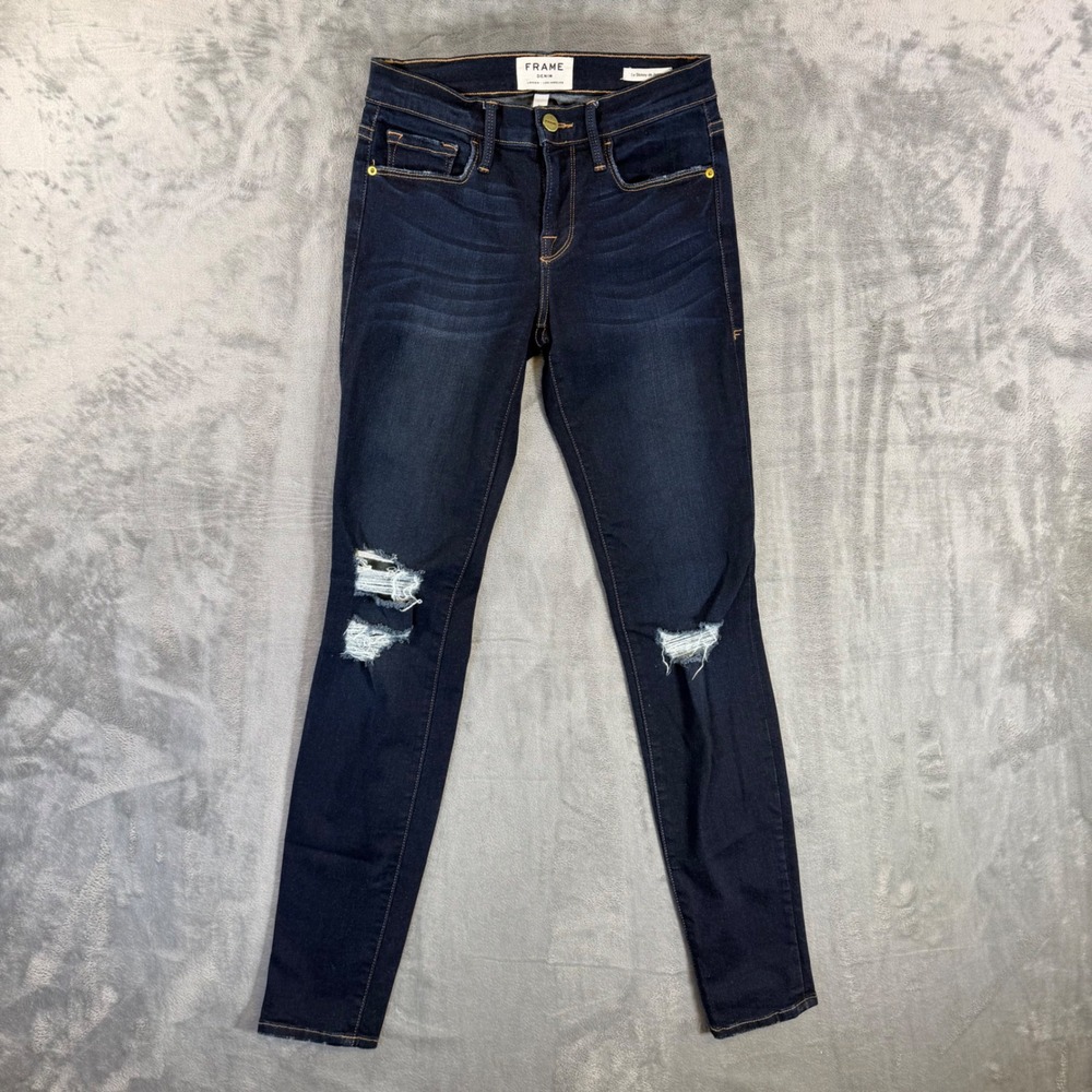 Frame Distressed Skinny Jeans Women's Size 25 Blue Dark Wash Denim Pants